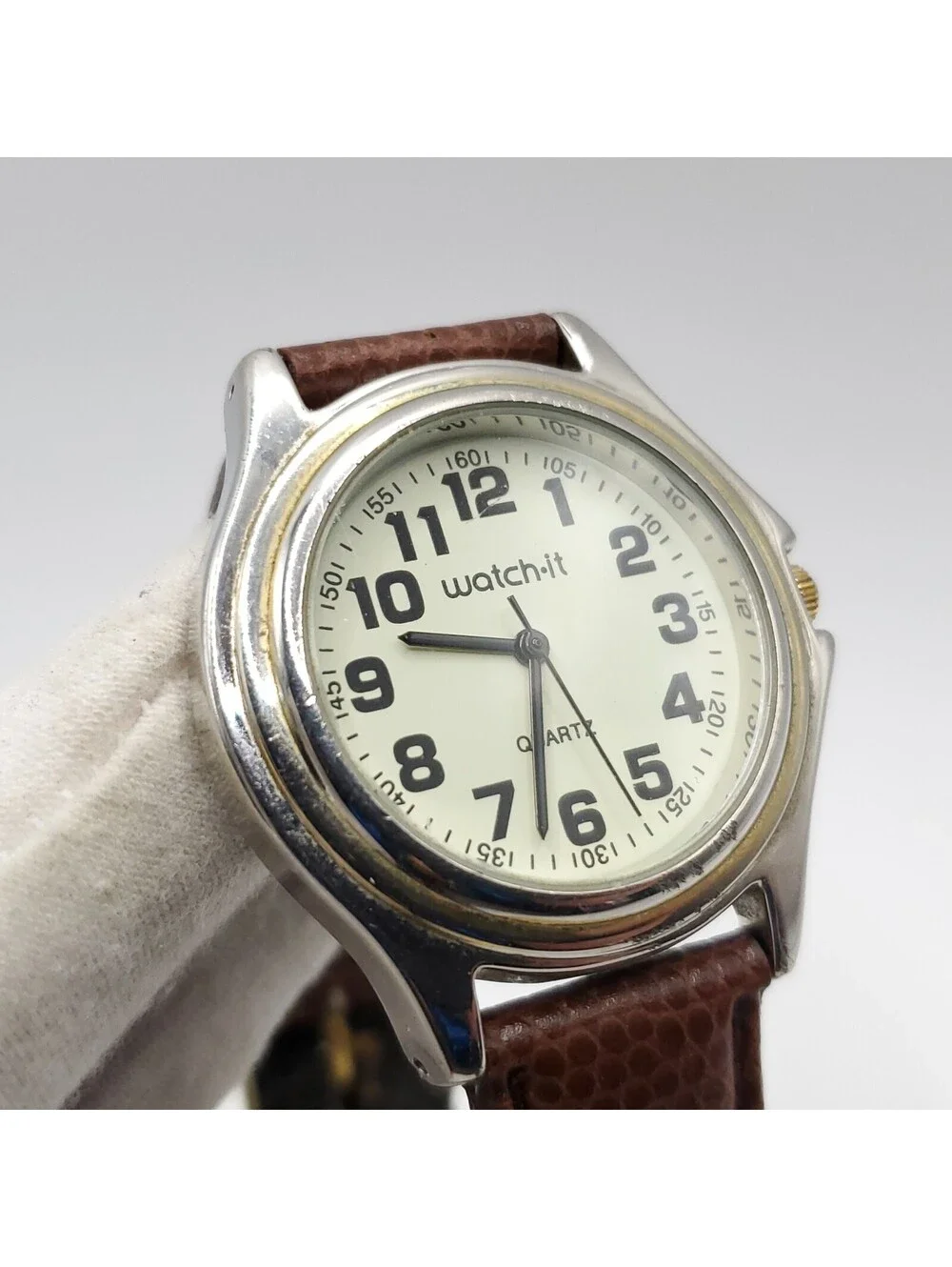 Watch-it Mens 37mm Quartz Watch New Battery Brown Leather Band Silver Tone